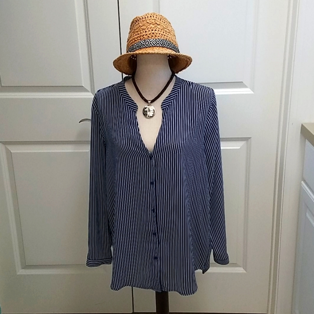 H&M Navy and White Striped Blouse/Tunic, Size 12